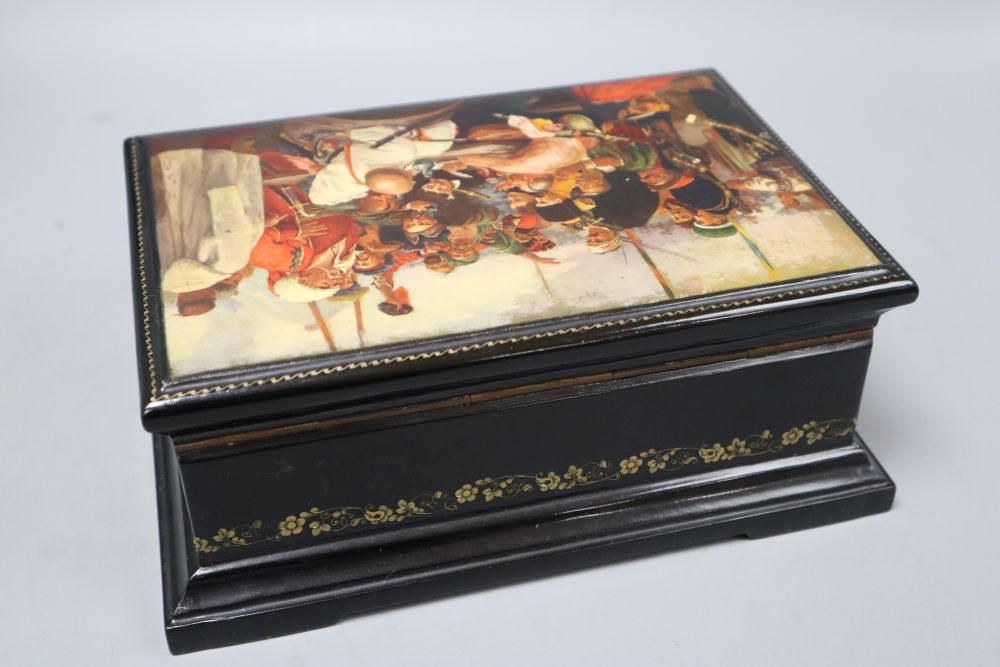 A Russian papier mache box, signed and dated 1958, 24 x 17cm